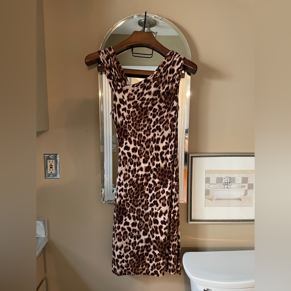 Calvin Klein Brown and Cream One Shoulder Sheath Dress